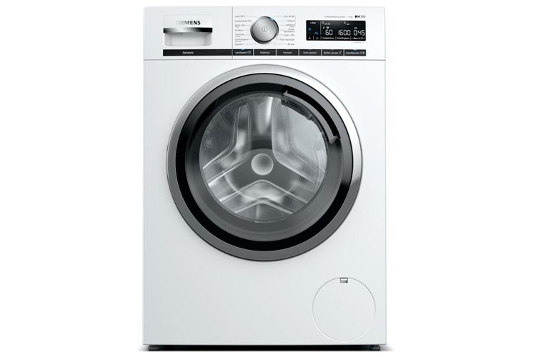 Wasmachine met ronde deur en digitaal display aan de bovenkant.