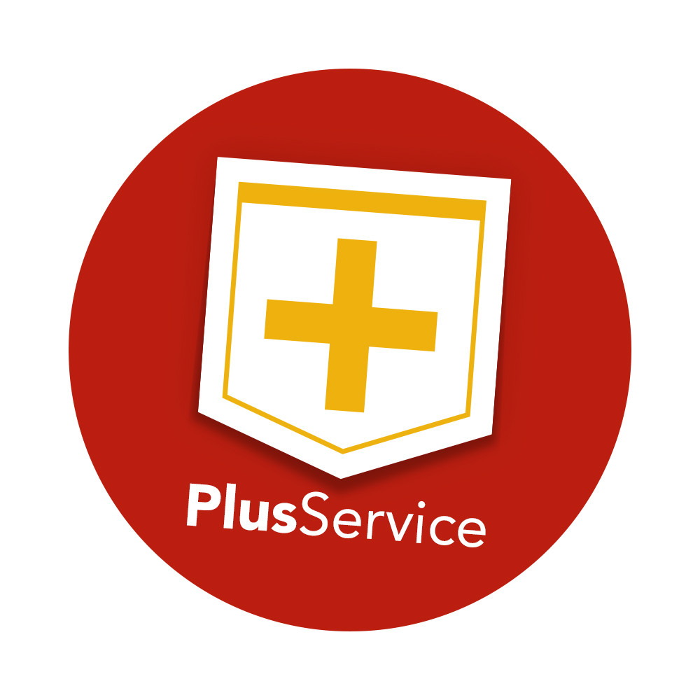 Rood pictogram met een wit schild waarin een geel plusteken staat, en de tekst "PlusService".