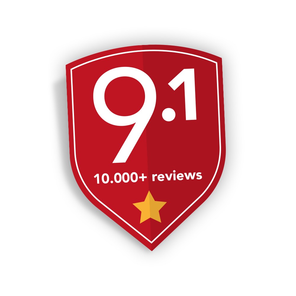 Rood schild met een beoordeling van 9.1 en tekst "10.000+ reviews" met een gele ster.