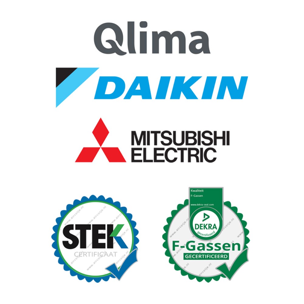 Logos van merken Qlima, Daikin, Mitsubishi Electric en certificaten STEK en F-Gassen.