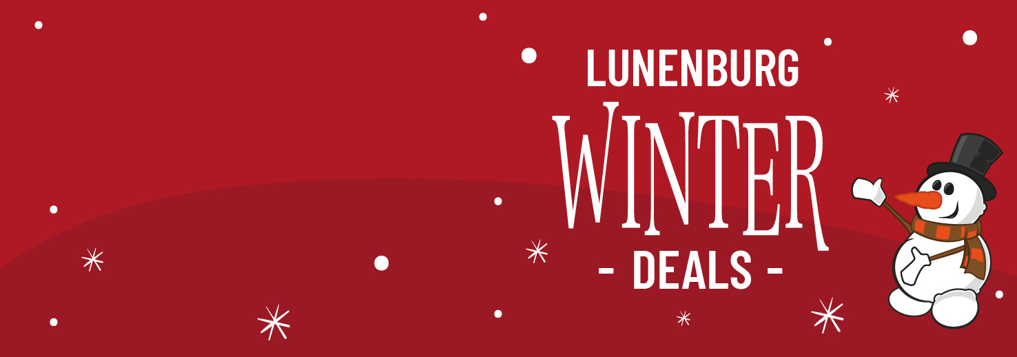 Rode achtergrond met een sneeuwpop en tekst "Lunenburg Winter Deals". Sneeuwvlokken verspreid.