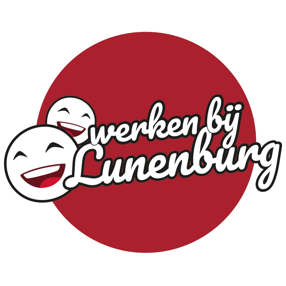 Logo met een rode cirkel en daarin lachende gezichten met de tekst "werken bij Lunenburg".