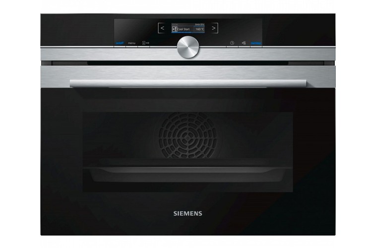 Ingebouwde zwarte en zilveren Siemens oven met digitaal display en draaiknop.