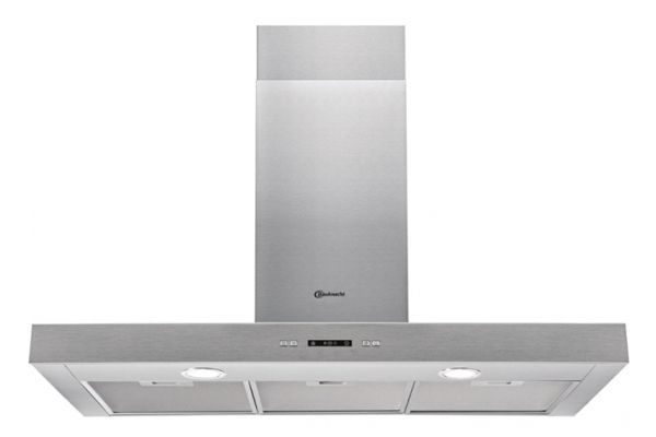 Roestvrijstalen afzuigkap met digitaal display en twee ingebouwde lampen aan de onderkant.