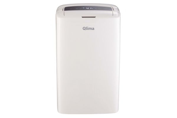 Witte, vrijstaande airconditioner met het merk "Qlima" erop.