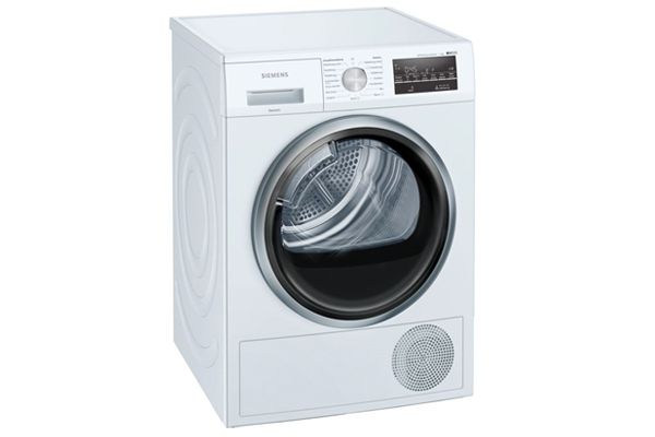 Witte vrijstaande wasdroger met deur aan de voorzijde en bedieningspaneel bovenaan.