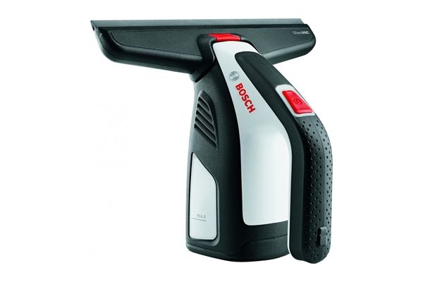 Draagbare ruitenreiniger met een zwart, wit en rood ontwerp.