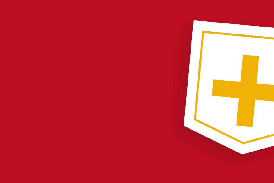 Roze achtergrond met een wit schild rechts, met een gele plus in het midden.