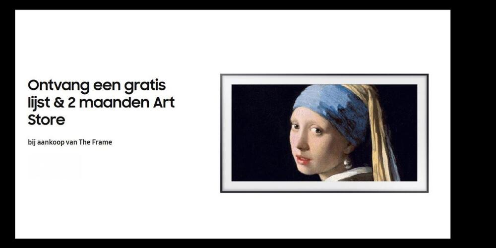 Promotie voor gratis lijst en Art Store bij aankoop van The Frame met afbeelding van Meisje met de parel.