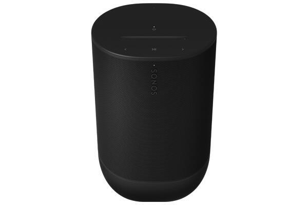 Zwarte draadloze luidspreker met een cilindrisch ontwerp en een gladde bovenkant.