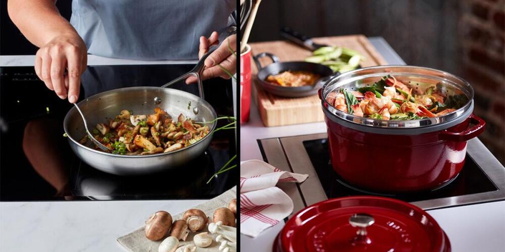 Iemand kookt groenten in een pan en een pan op een kookplaat.