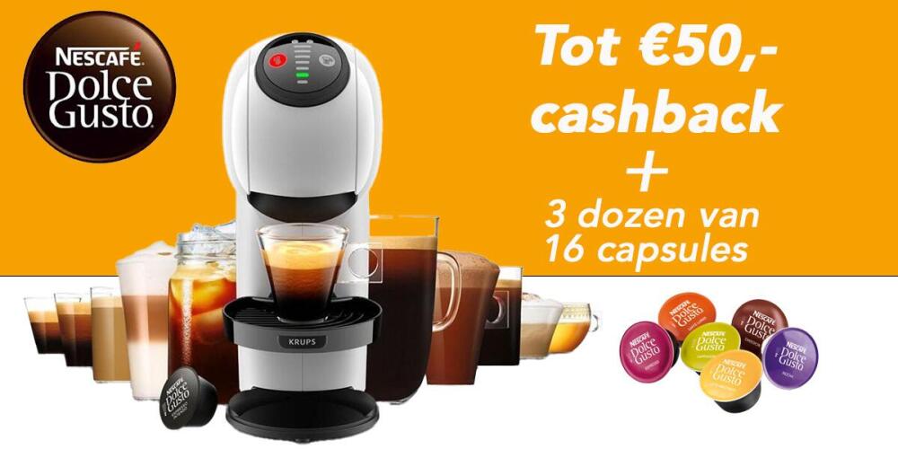 Koffiemachine met Nescafé Dolce Gusto capsules, diverse dranken en cashback actie tot €50.