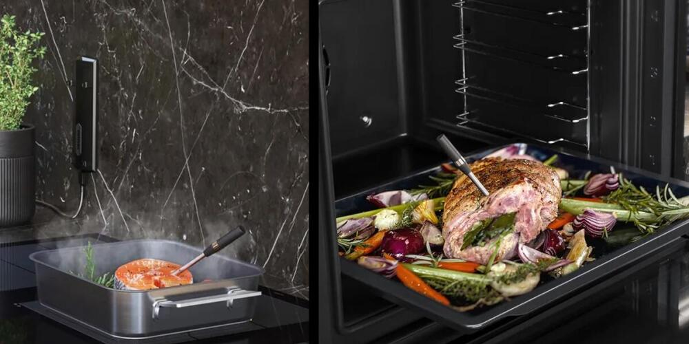 Links: een pot met vis op een elektrische kookplaat. Rechts: braadstuk met groenten in een oven.
