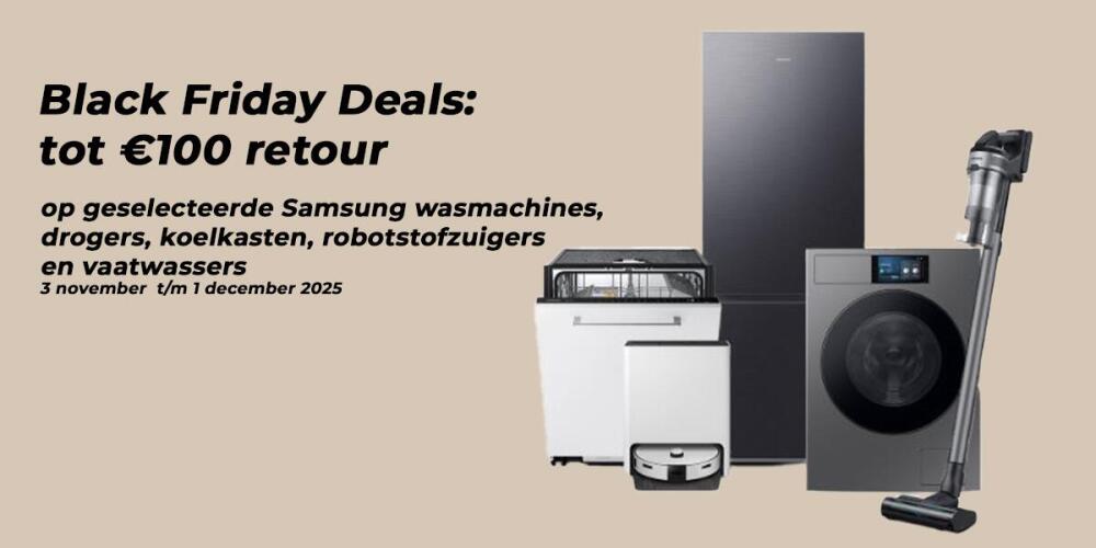 Black Friday Samsung deals op wasmachines, drogers, koelkasten en meer, met tot €100 retour.