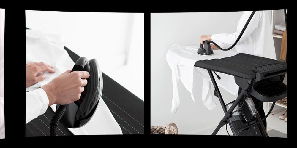 Iemand strijkt een wit kledingstuk op een strijkplank met een stoomstrijkijzer.