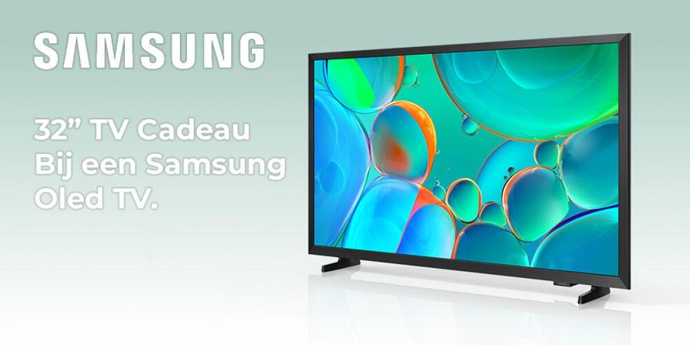 Samsung promotie: 32" TV gratis bij aankoop van een Samsung Oled TV, kleurrijke schermweergave.